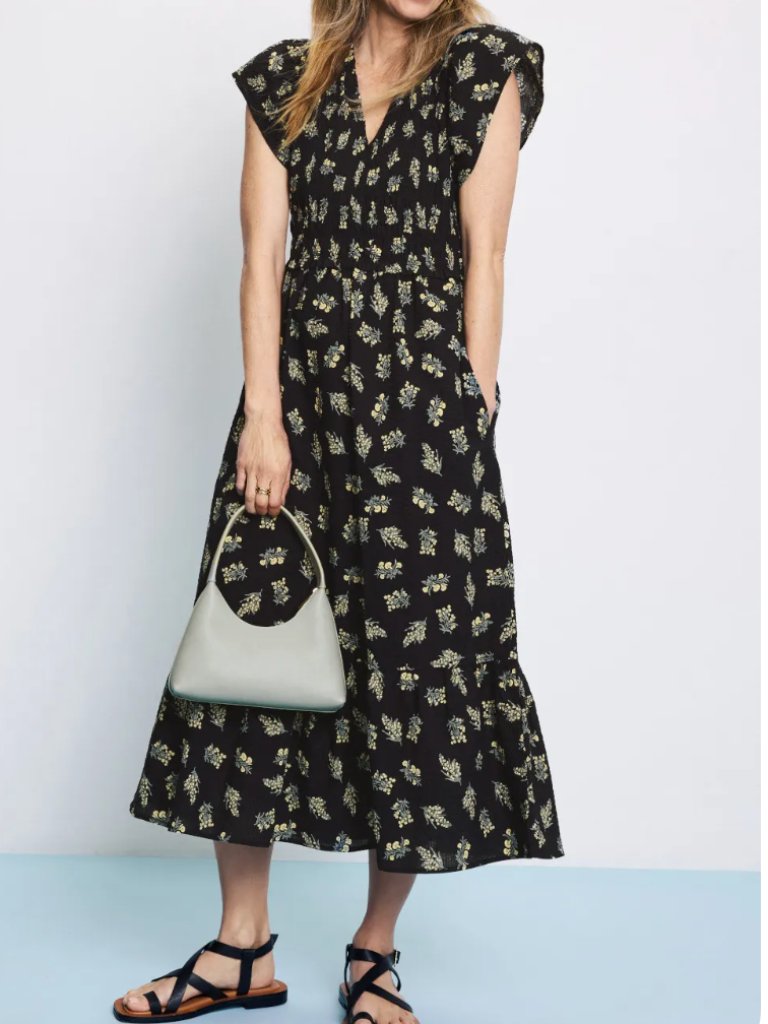 Rails Clementine Floral Midi Dress Black Floral V-Neck Smocked Midi
